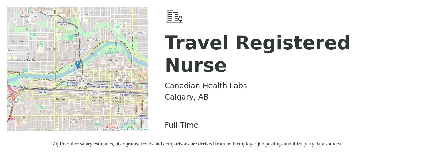 Canadian Health Labs job posting for a Travel Registered Nurse in Calgary, AB with a map of Calgary location.