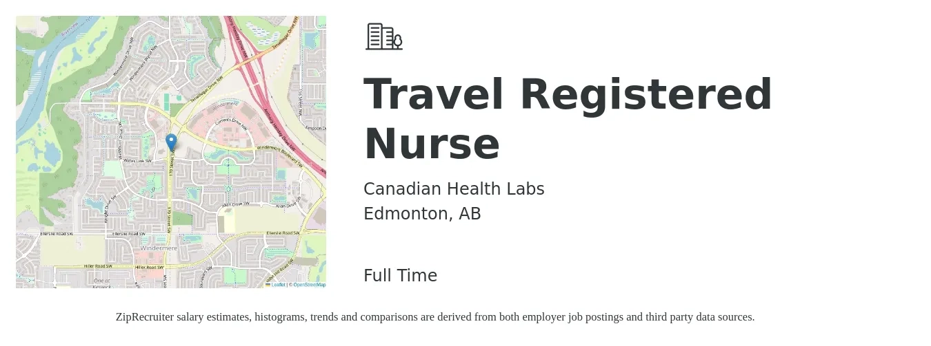 Canadian Health Labs job posting for a Travel Registered Nurse in Edmonton, AB with a map of Edmonton location.
