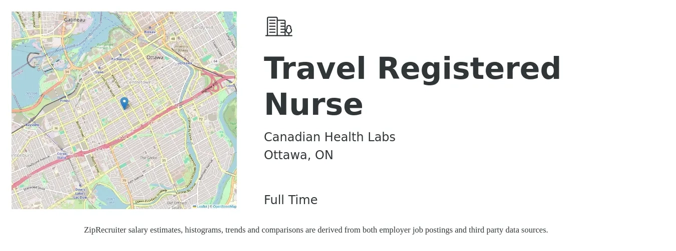 Canadian Health Labs job posting for a Travel Registered Nurse in Ottawa, ON with a map of Ottawa location.