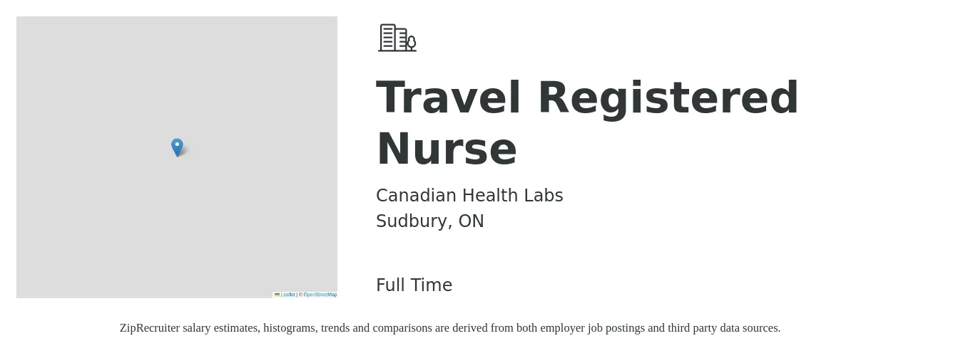 Canadian Health Labs job posting for a Travel Registered Nurse in Sudbury, ON with a map of Sudbury location.