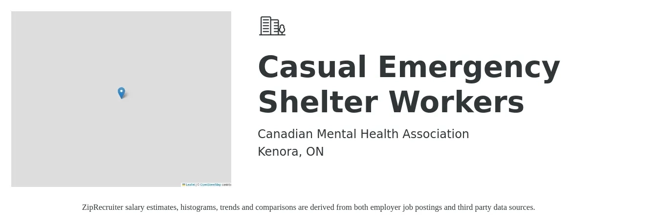 Canadian Mental Health Association job posting for a Casual Emergency Shelter Workers in Kenora, ON with a map of Kenora location.