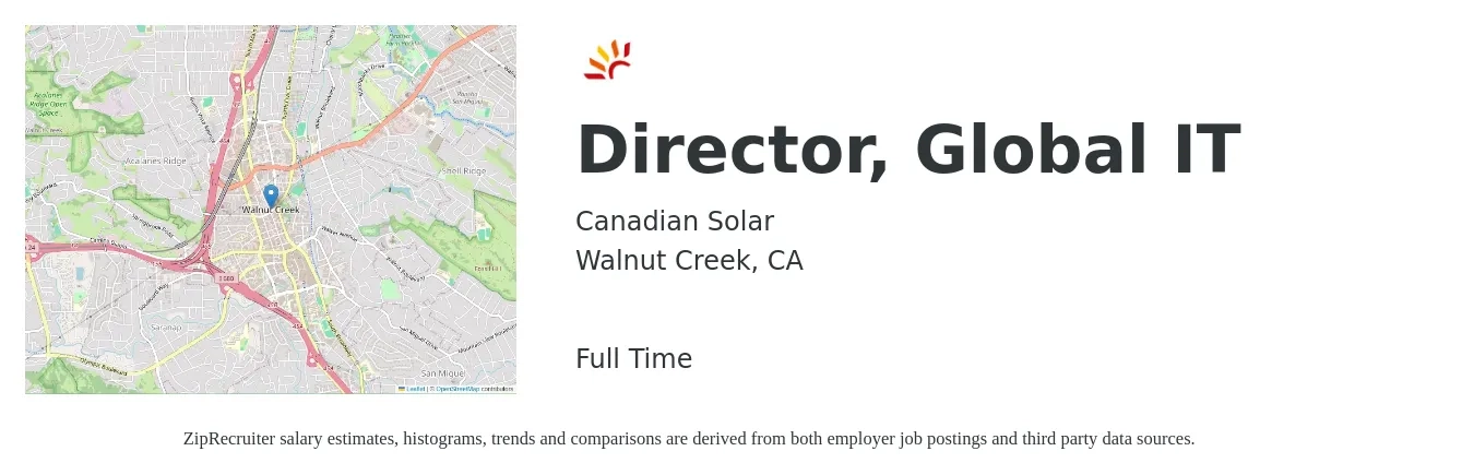Canadian Solar job posting for a Director, Global IT in Walnut Creek, CA with a salary of $118,500 to $173,900 Yearly with a map of Walnut Creek location.