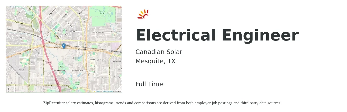 Canadian Solar job posting for a Electrical Engineer in Mesquite, TX with a salary of $75,700 to $120,300 Yearly with a map of Mesquite location.