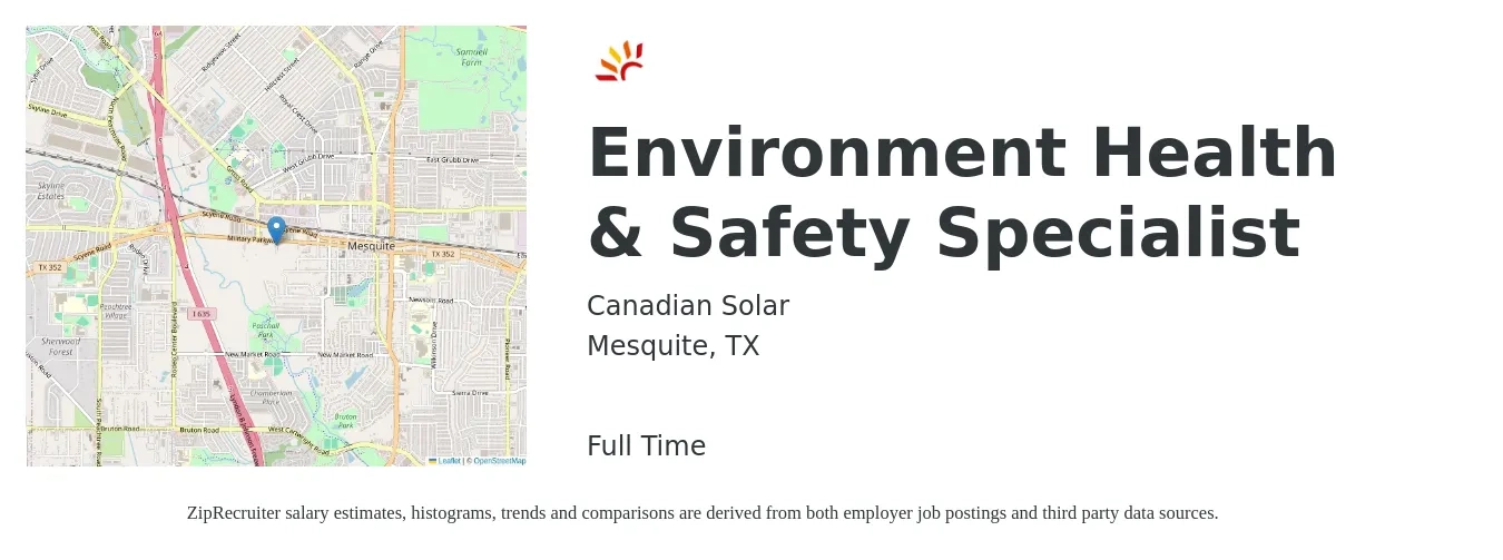 Canadian Solar job posting for a Environment Health & Safety Specialist in Mesquite, TX with a salary of $59,300 to $88,000 Yearly with a map of Mesquite location.