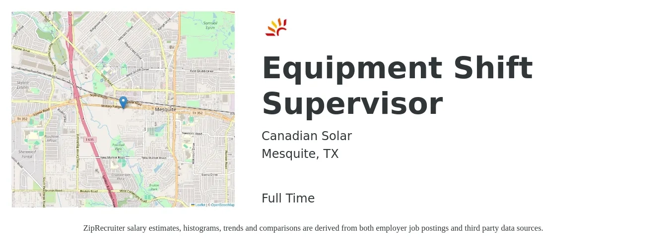 Canadian Solar job posting for a Equipment Shift Supervisor in Mesquite, TX with a salary of $24 to $33 Hourly with a map of Mesquite location.