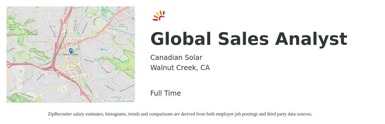 Canadian Solar job posting for a Global Sales Analyst in Walnut Creek, CA with a salary of $90,000 to $105,000 Yearly with a map of Walnut Creek location.