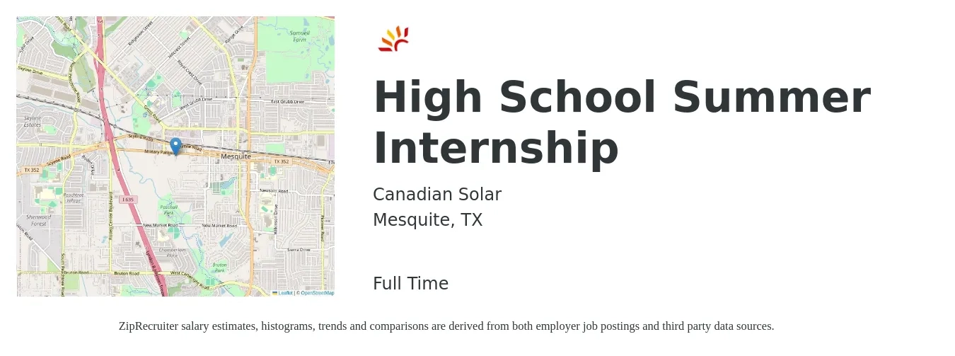 Canadian Solar job posting for a High School Summer Internship in Mesquite, TX with a salary of $14 to $18 Hourly with a map of Mesquite location.