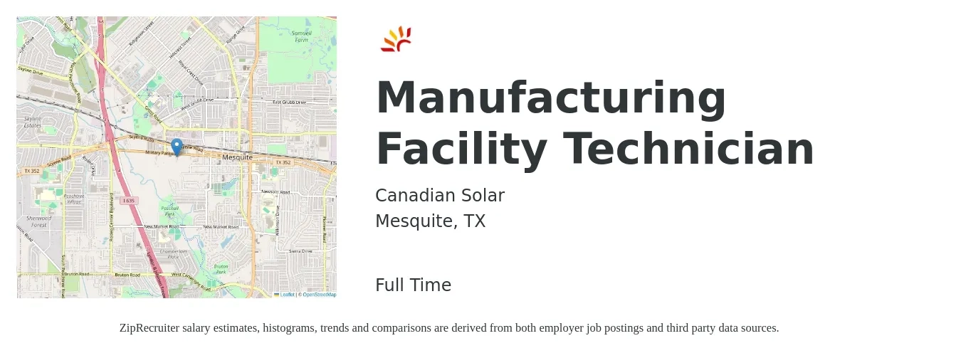 Canadian Solar job posting for a Manufacturing Facility Technician in Mesquite, TX with a salary of $18 to $25 Hourly with a map of Mesquite location.
