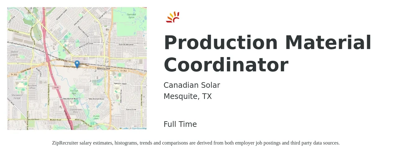 Canadian Solar job posting for a Production Material Coordinator in Mesquite, TX with a salary of $18 to $27 Hourly with a map of Mesquite location.