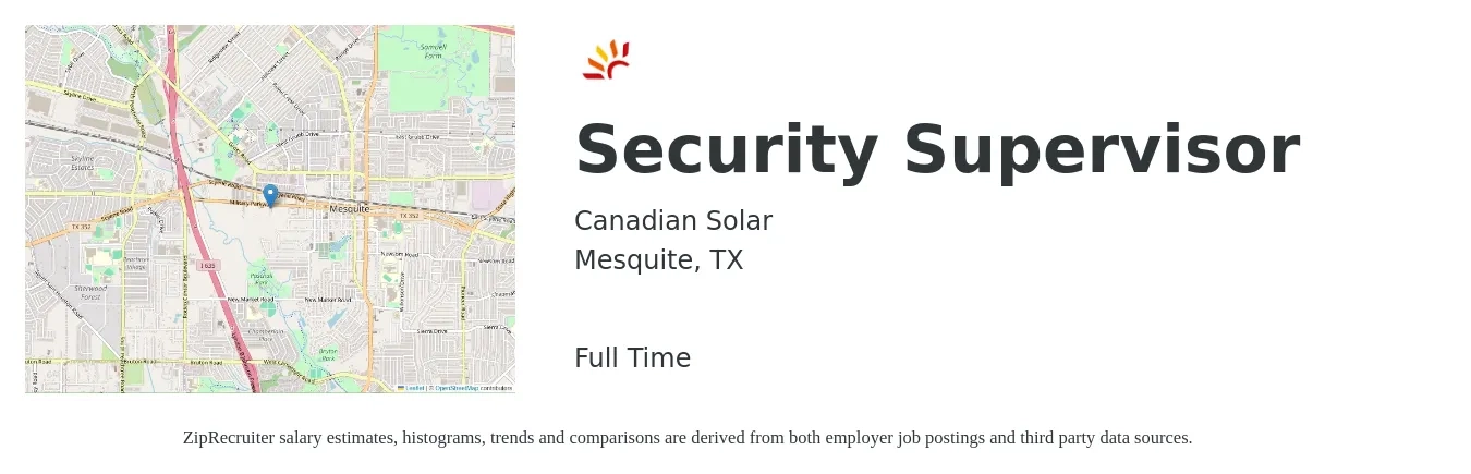 Canadian Solar job posting for a Security Supervisor in Mesquite, TX with a salary of $17 to $28 Hourly with a map of Mesquite location.