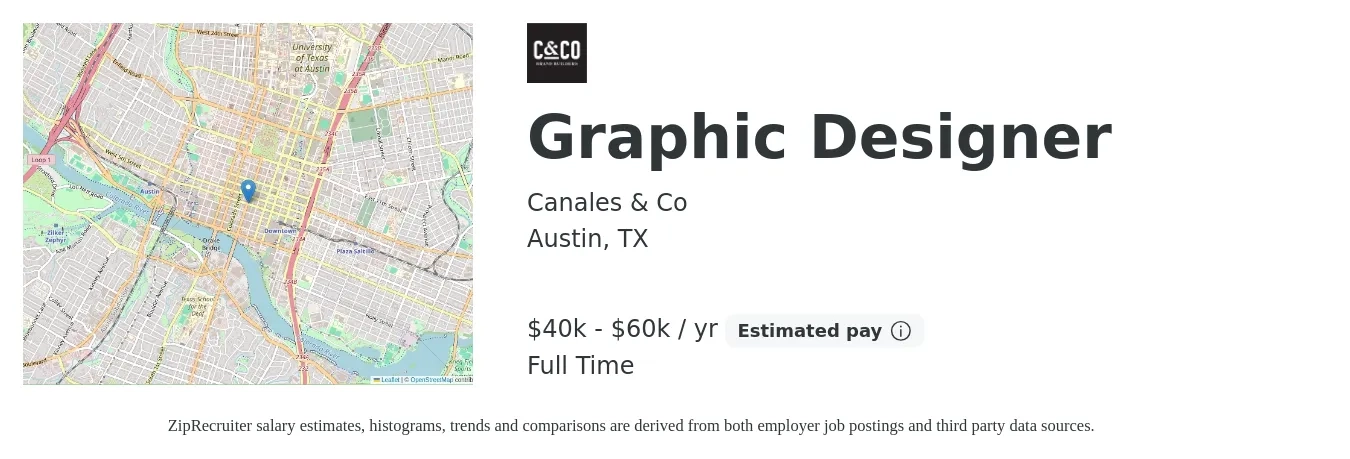 Canales & Co job posting for a Graphic Designer in Austin, TX with a salary of $40,000 to $60,000 Yearly with a map of Austin location.
