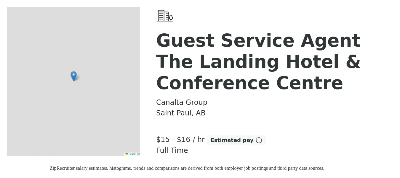 Canalta Group job posting for a Guest Service Agent The Landing Hotel & Conference Centre in Saint Paul, AB with a salary of $16 to $17 Hourly with a map of Saint Paul location.