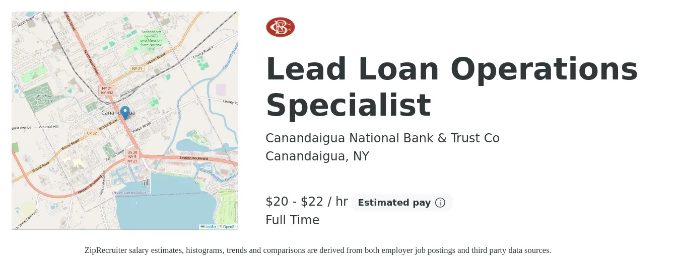 Canandaigua National Bank & Trust Co job posting for a Lead Loan Operations Specialist in Canandaigua, NY with a salary of $22 to $23 Hourly with a map of Canandaigua location.