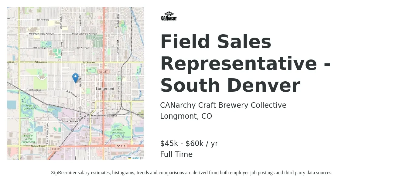 CANarchy Craft Brewery Collective job posting for a Field Sales Representative - South Denver in Longmont, CO with a salary of $45,000 to $60,000 Yearly with a map of Longmont location.