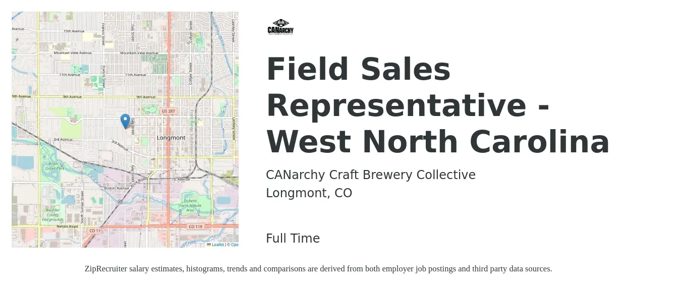 CANarchy Craft Brewery Collective job posting for a Field Sales Representative - West North Carolina in Longmont, CO with a salary of $20 to $27 Hourly with a map of Longmont location.