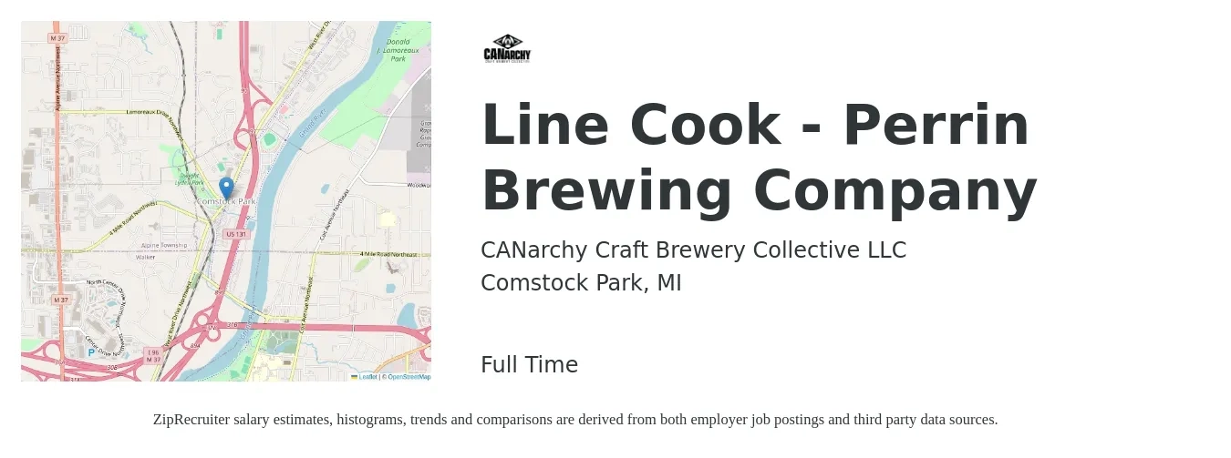 CANarchy Craft Brewery Collective job posting for a Line Cook - Perrin Brewing Company in Comstock Park, MI with a salary of $13 to $16 Hourly with a map of Comstock Park location.