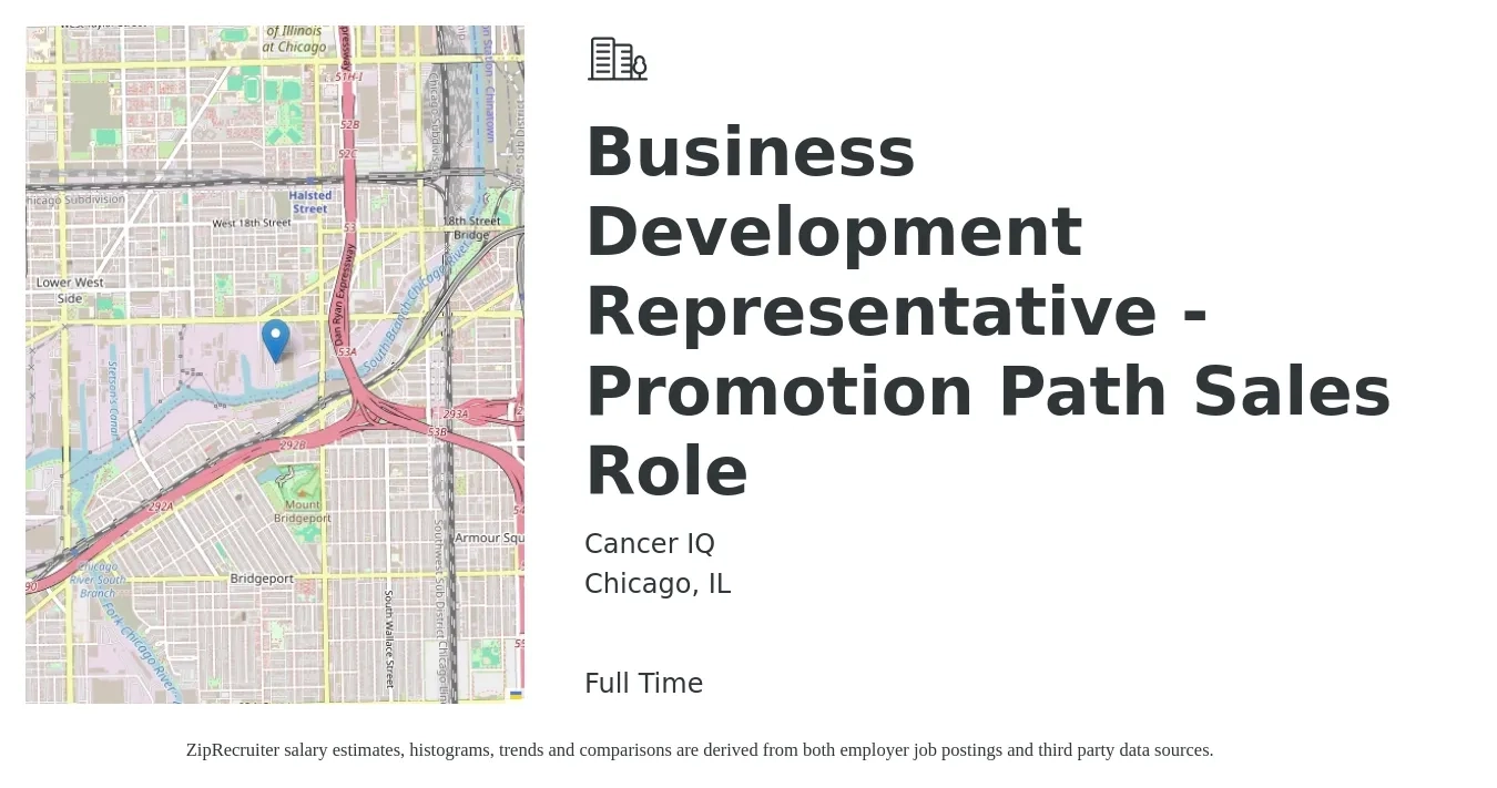 Cancer IQ job posting for a Business Development Representative - Promotion Path Sales Role in Chicago, IL with a salary of $46,400 to $72,200 Yearly with a map of Chicago location.