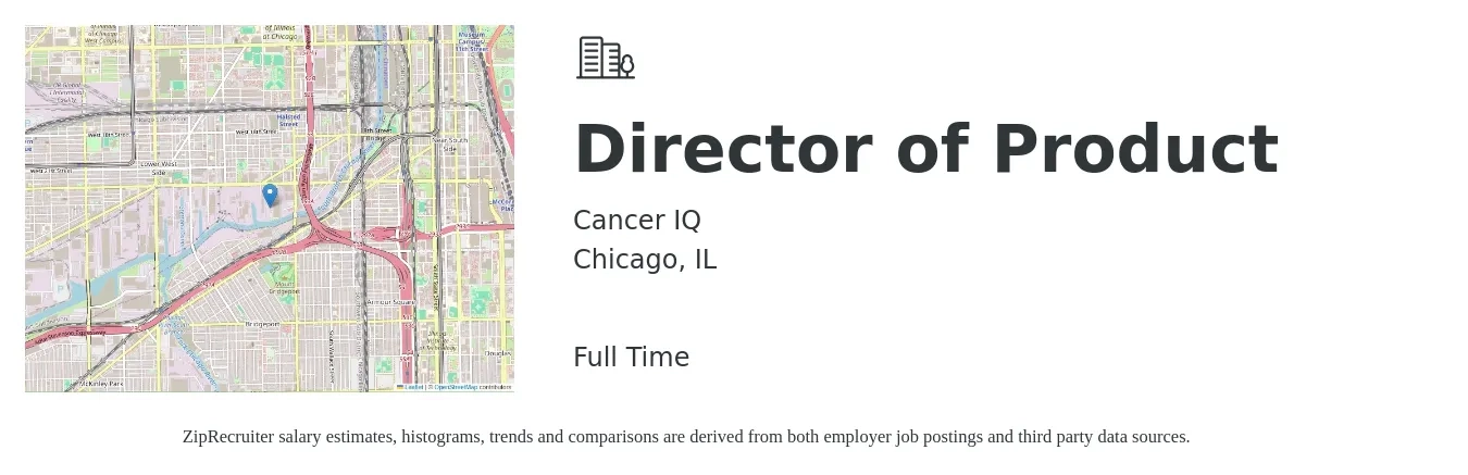 Cancer IQ job posting for a Director of Product in Chicago, IL with a salary of $240,200 to $251,600 Yearly with a map of Chicago location.