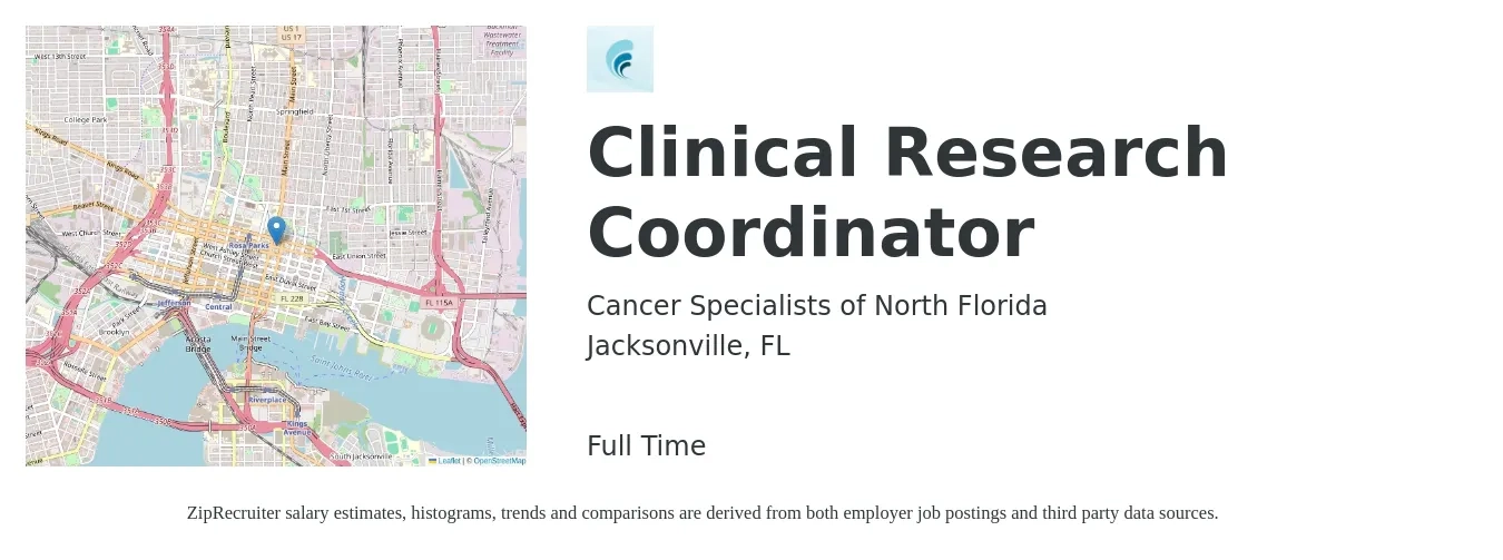 Cancer Specialists of North Florida job posting for a Clinical Research Coordinator in Jacksonville, FL with a salary of $22 to $29 Hourly with a map of Jacksonville location.