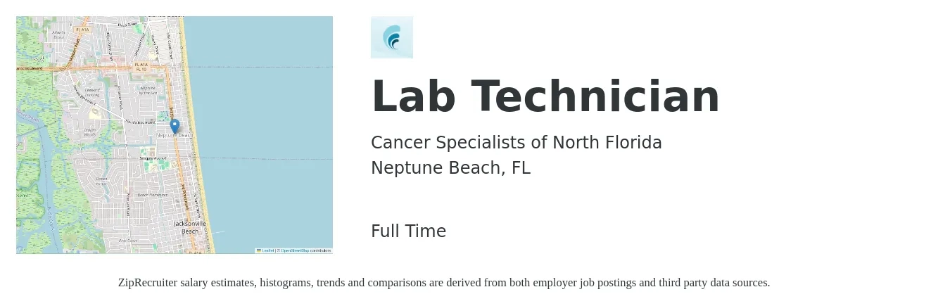 Cancer Specialists of North Florida job posting for a Lab Technician in Neptune Beach, FL with a salary of $17 to $23 Hourly with a map of Neptune Beach location.