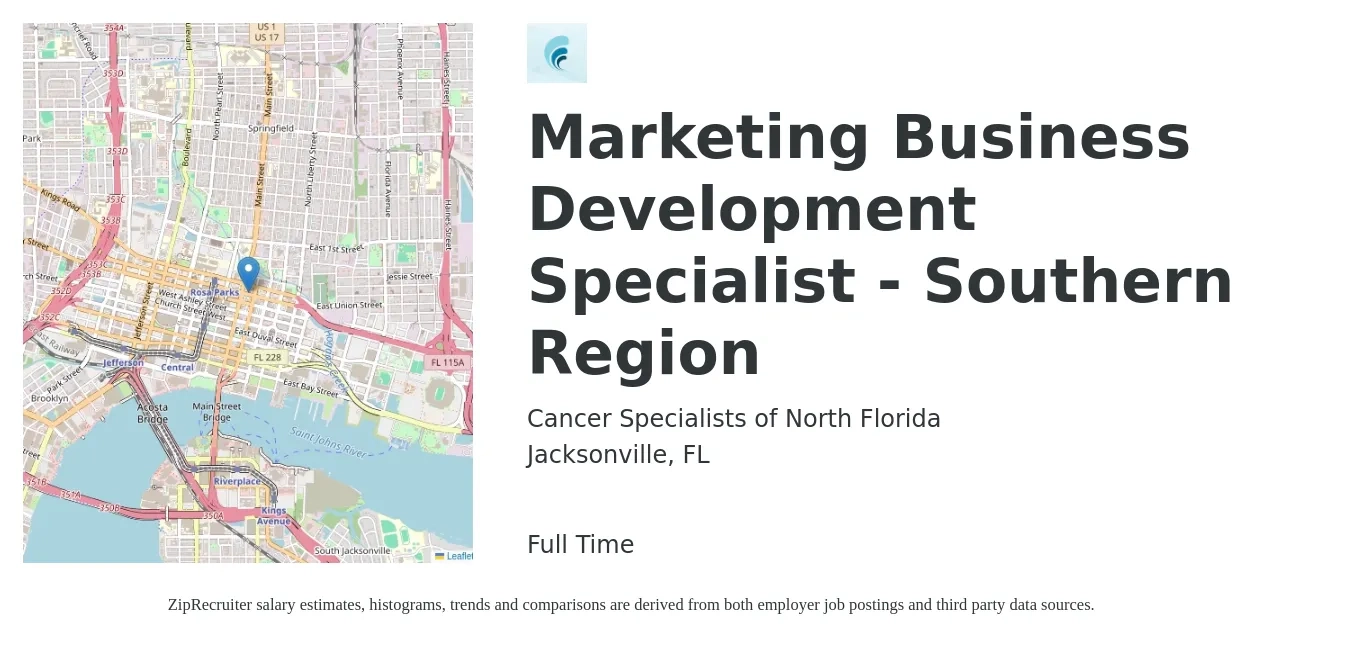 Cancer Specialists of North Florida job posting for a Marketing Business Development Specialist - Southern Region in Jacksonville, FL with a salary of $42,900 to $71,700 Yearly with a map of Jacksonville location.