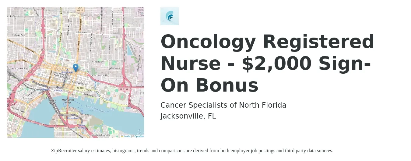 Cancer Specialists of North Florida job posting for a Oncology Registered Nurse - $2,000 Sign-On Bonus in Jacksonville, FL with a salary of $36 to $61 Hourly with a map of Jacksonville location.