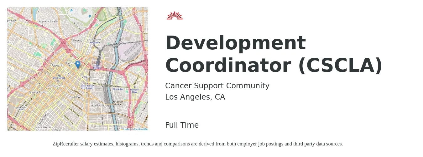 Cancer Support Community job posting for a Development Coordinator (CSCLA) in Los Angeles, CA with a salary of $24 to $29 Hourly with a map of Los Angeles location.