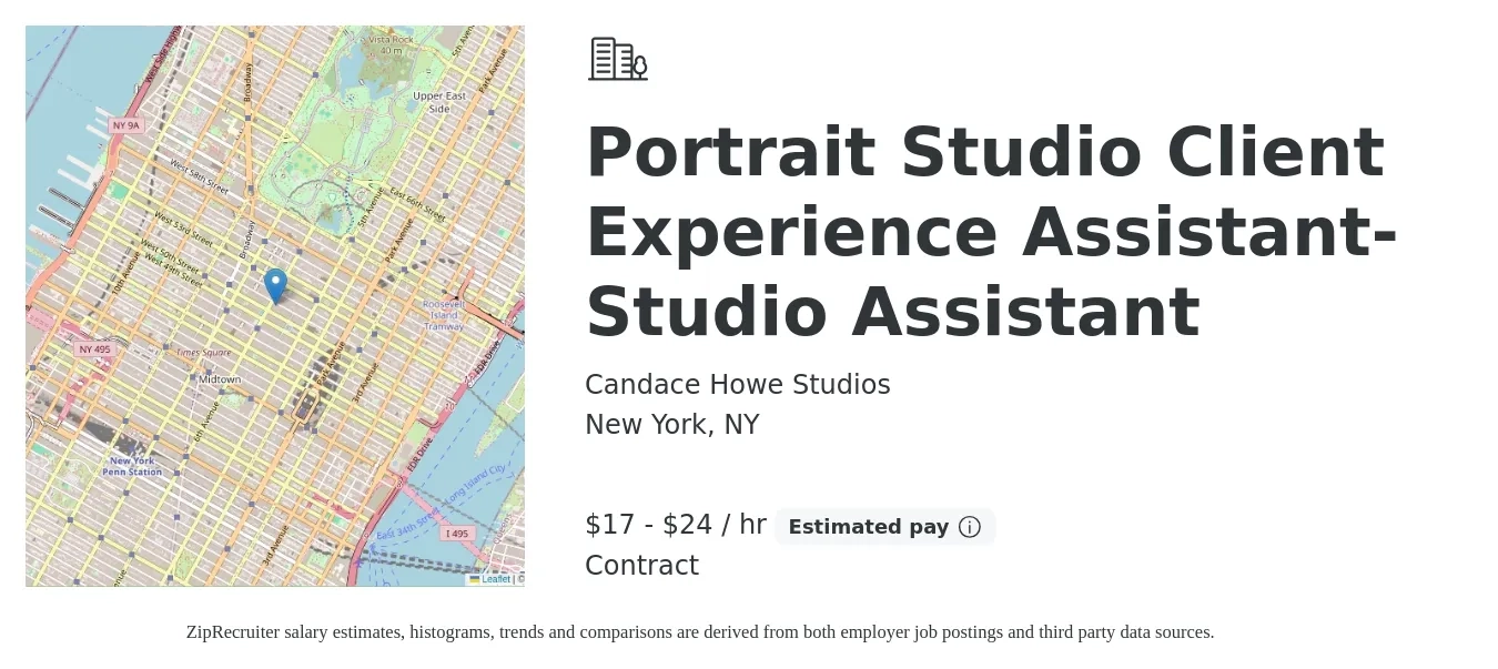 Candace Howe Studios job posting for a Portrait Studio Client Experience Assistant-Studio Assistant in New York, NY with a salary of $18 to $25 Hourly with a map of New York location.