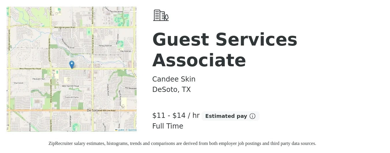 Candee Skin job posting for a Guest Services Associate in DeSoto, TX with a salary of $12 to $15 Hourly with a map of DeSoto location.
