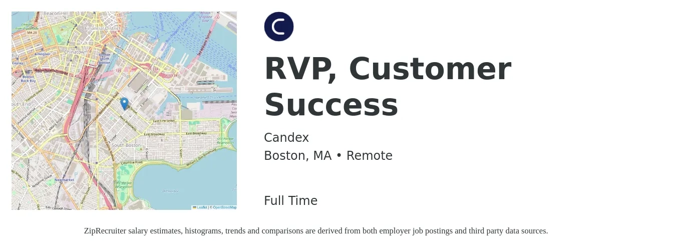Candex job posting for a RVP, Customer Success in Boston, MA with a salary of $64,600 to $107,600 Yearly with a map of Boston location.
