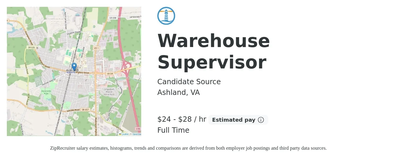 Candidate Source job posting for a Warehouse Supervisor in Ashland, VA with a salary of $25 to $30 Hourly with a map of Ashland location.