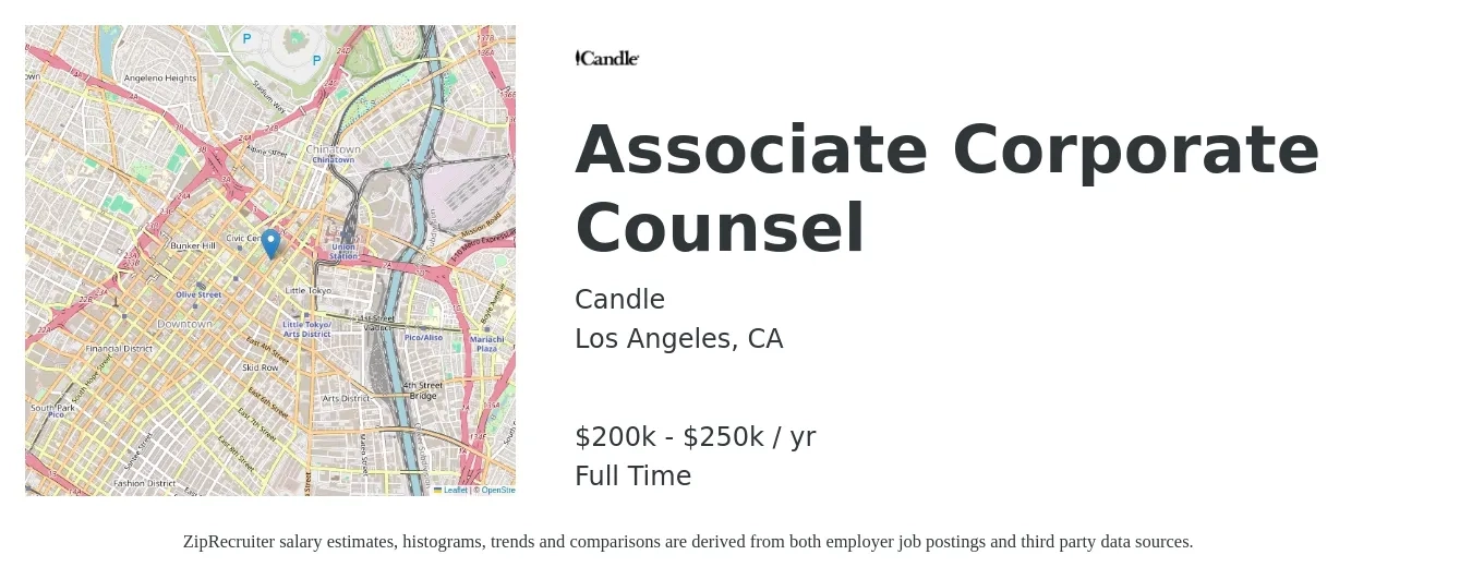 Candle job posting for a Associate Corporate Counsel in Los Angeles, CA with a salary of $200,000 to $250,000 Yearly with a map of Los Angeles location.