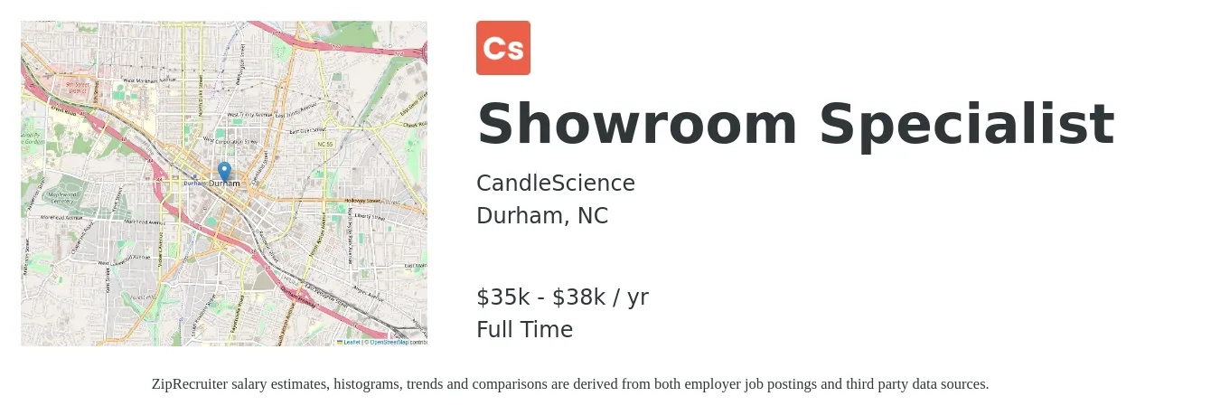 CandleScience job posting for a Showroom Specialist in Durham, NC with a salary of $35,000 to $38,000 Yearly with a map of Durham location.