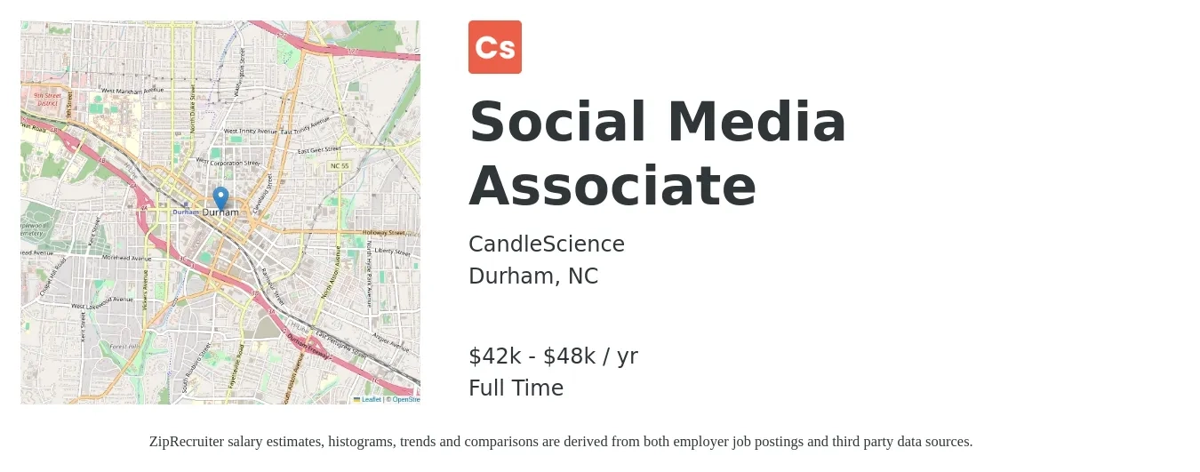 CandleScience job posting for a Social Media Associate in Durham, NC with a salary of $42,000 to $48,000 Yearly with a map of Durham location.