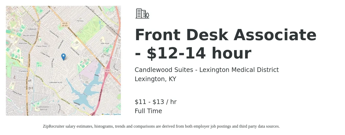 Candlewood Suites - Lexington Medical District job posting for a Front Desk Associate - $12-14 hour in Lexington, KY with a salary of $12 to $14 Hourly with a map of Lexington location.