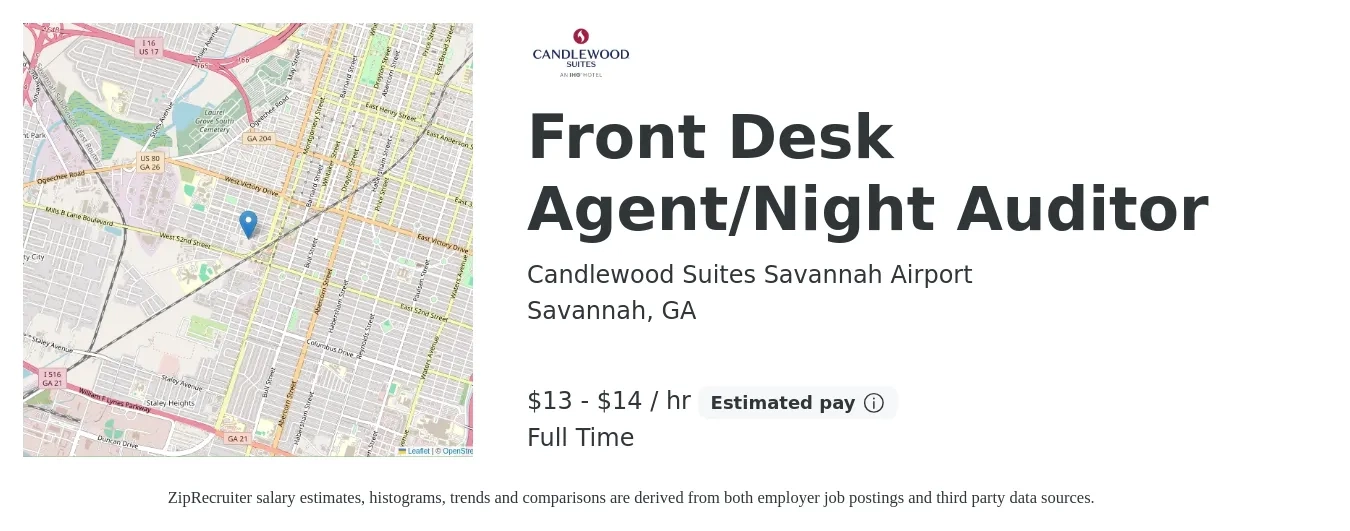 Candlewood Suites Savannah Airport job posting for a Front Desk Agent/Night Auditor in Savannah, GA with a salary of $14 to $15 Hourly and benefits including pto with a map of Savannah location.