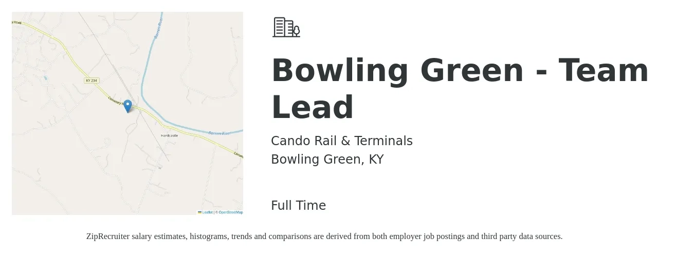 Cando Rail & Terminals job posting for a Bowling Green - Team Lead in Bowling Green, KY with a salary of $16 to $24 Hourly with a map of Bowling Green location.