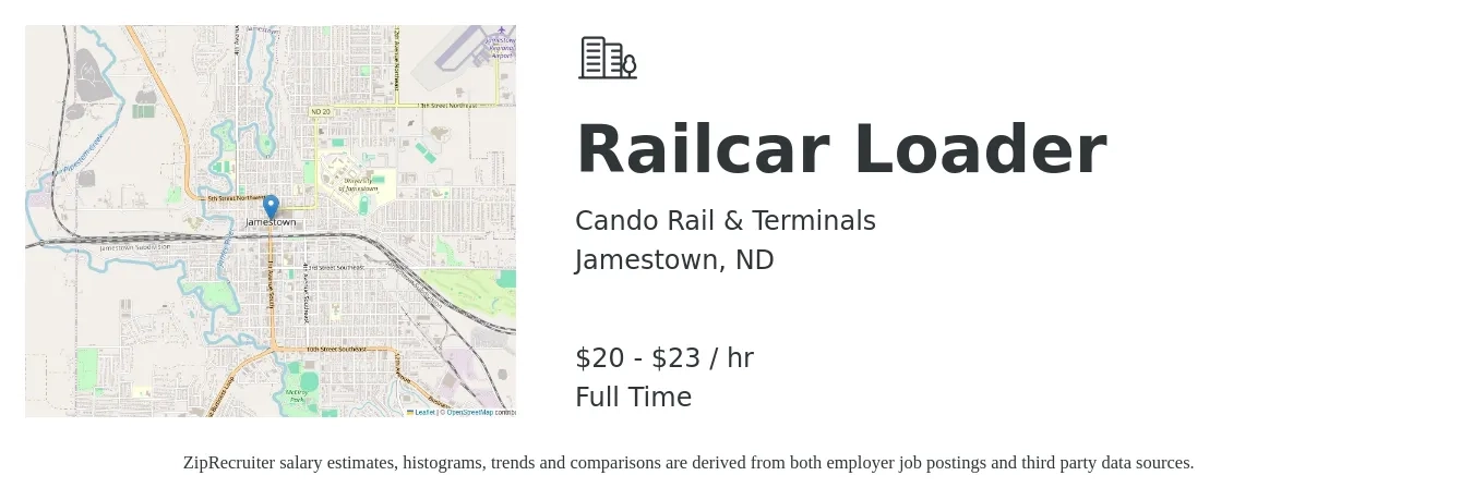 Cando Rail & Terminals job posting for a Railcar Loader in Jamestown, ND with a salary of $21 to $24 Hourly with a map of Jamestown location.