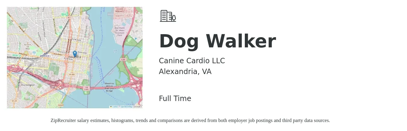 Canine Cardio Llc job posting for a Dog Walker in Alexandria, VA with a salary of $300 Weekly with a map of Alexandria location.