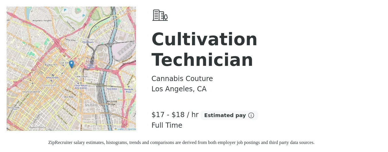 Cannabis Couture job posting for a Cultivation Technician in Los Angeles, CA with a salary of $18 to $19 Hourly with a map of Los Angeles location.