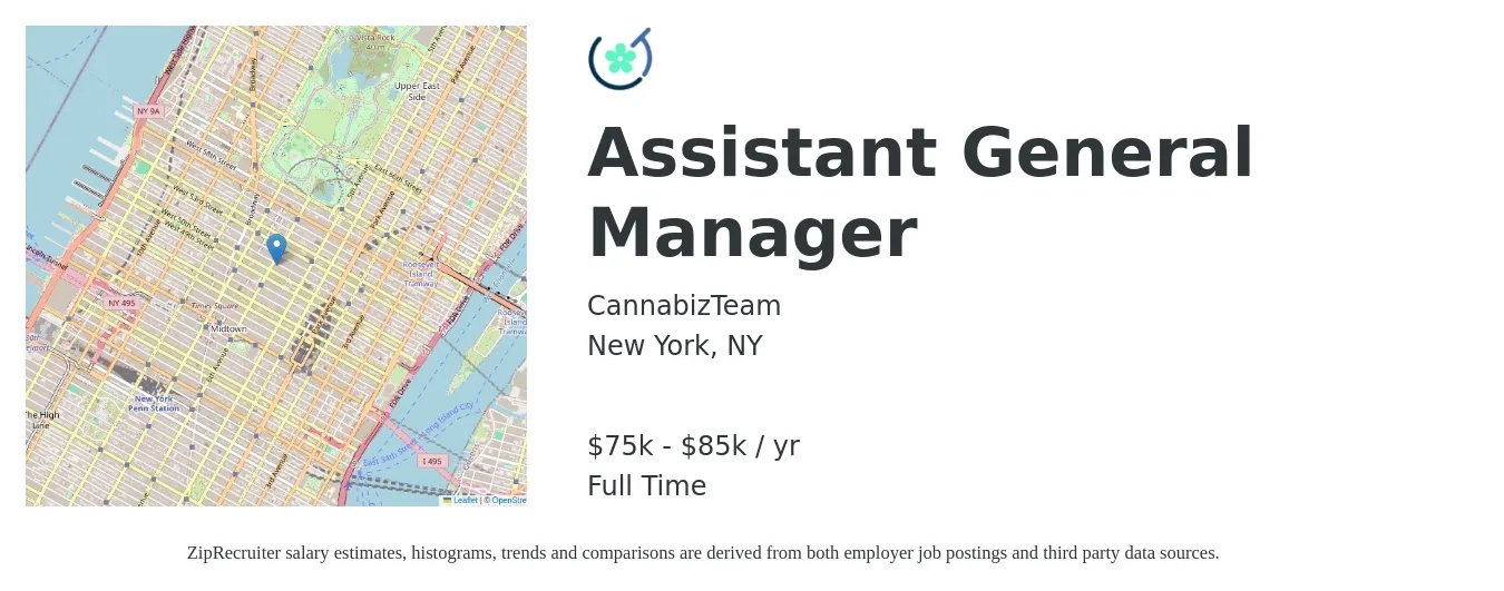 CannabizTeam job posting for a Assistant General Manager in New York, NY with a salary of $75,000 to $85,000 Yearly with a map of New York location.
