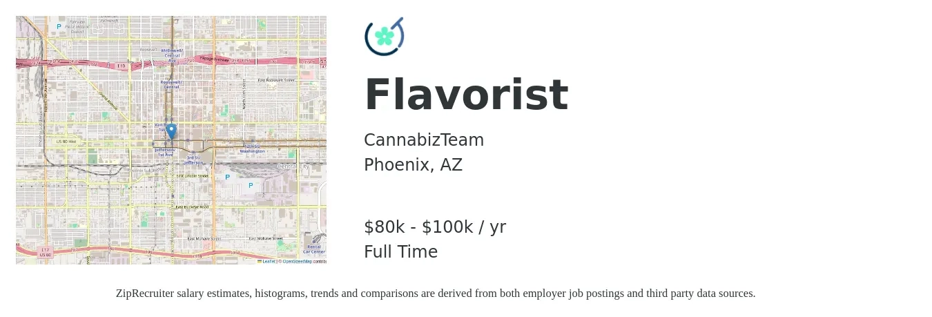 CannabizTeam job posting for a Flavorist in Phoenix, AZ with a salary of $80,000 to $100,000 Yearly with a map of Phoenix location.