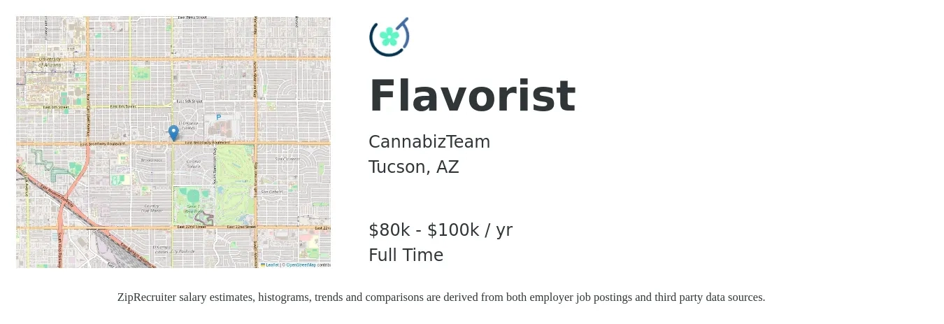 CannabizTeam job posting for a Flavorist in Tucson, AZ with a salary of $80,000 to $100,000 Yearly with a map of Tucson location.