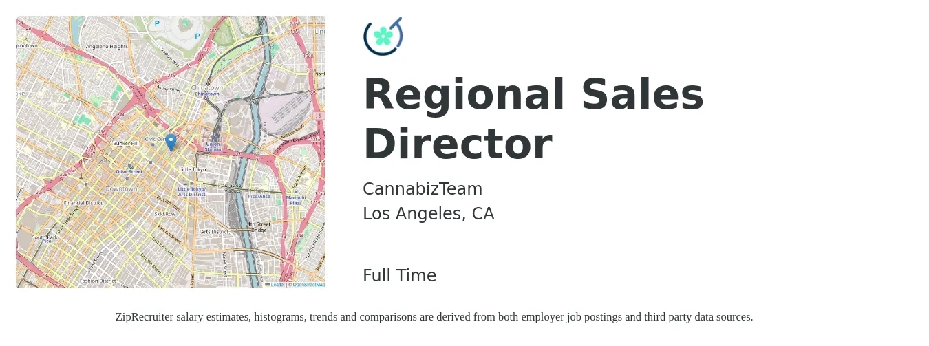CannabizTeam job posting for a Regional Sales Director in Los Angeles, CA with a salary of $98,100 to $153,000 Yearly with a map of Los Angeles location.