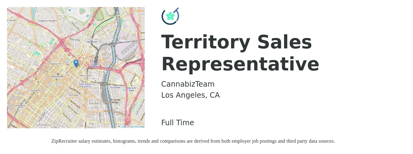 CannabizTeam job posting for a Territory Sales Representative in Los Angeles, CA with a salary of $53,900 to $89,400 Yearly with a map of Los Angeles location.