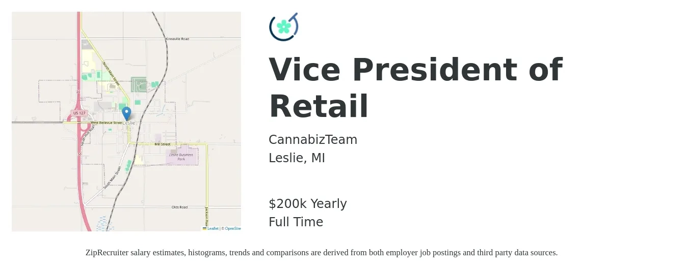 CannabizTeam job posting for a Vice President of Retail in Leslie, MI with a salary of $200,000 Yearly with a map of Leslie location.