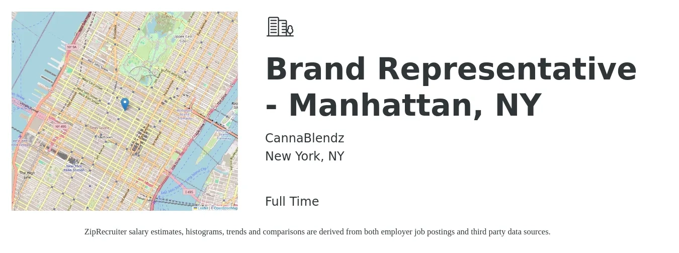 CannaBlendz job posting for a Brand Representative - Manhattan, NY in New York, NY with a salary of $18 to $25 Hourly with a map of New York location.