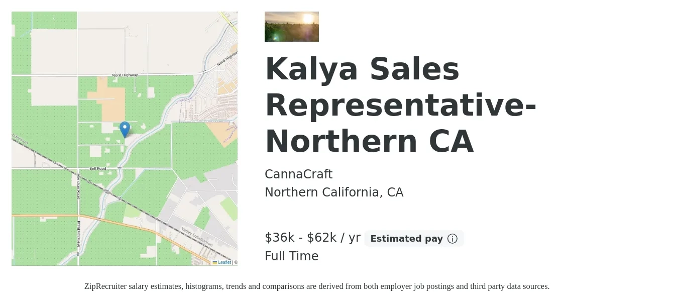 CannaCraft job posting for a Kalya Sales Representative- Northern CA in Northern California, CA with a salary of $36,400 to $62,400 Yearly with a map of Northern California location.