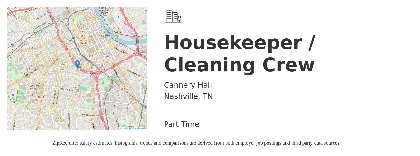 Cannery Hall job posting for a Housekeeper / Cleaning Crew in Nashville, TN with a salary of $14 to $18 Hourly with a map of Nashville location.