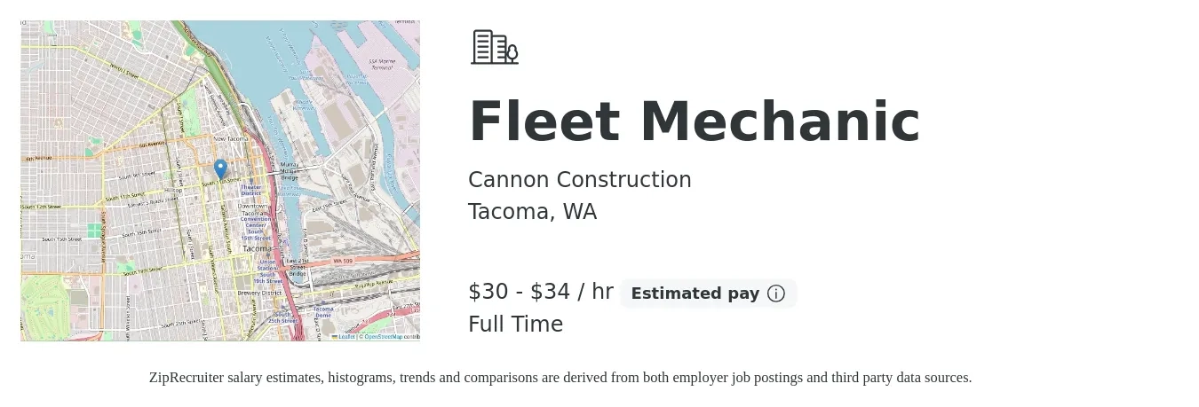 Cannon Construction job posting for a Fleet Mechanic in Tacoma, WA with a salary of $32 to $36 Hourly with a map of Tacoma location.
